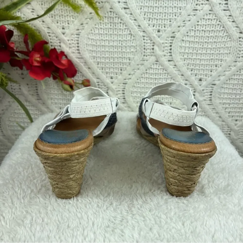 AZURA White Tan Patchwork Strap Wedge Criss-Cross Strap Leather Sandals‎ Sz 8/39